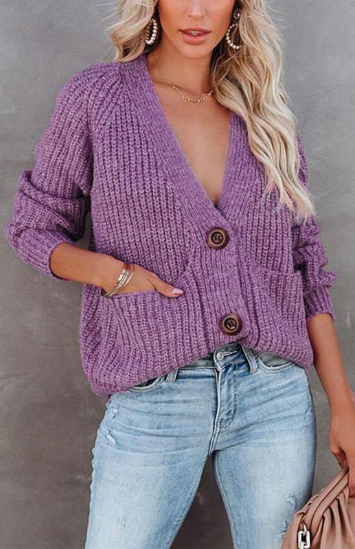 Solid V-Neck Single Breasted Long Sleeved Sweater
