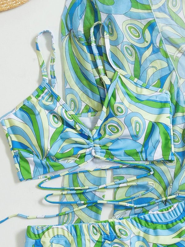 Bikini trois pièces fendu, taille haute, manches longues, chemisier avec cordon de serrage