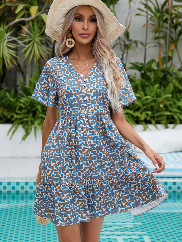 Sommer-loses Urlaubskleid mit V-Ausschnitt, modisches, kurzärmliges, brustförmiges Kleid