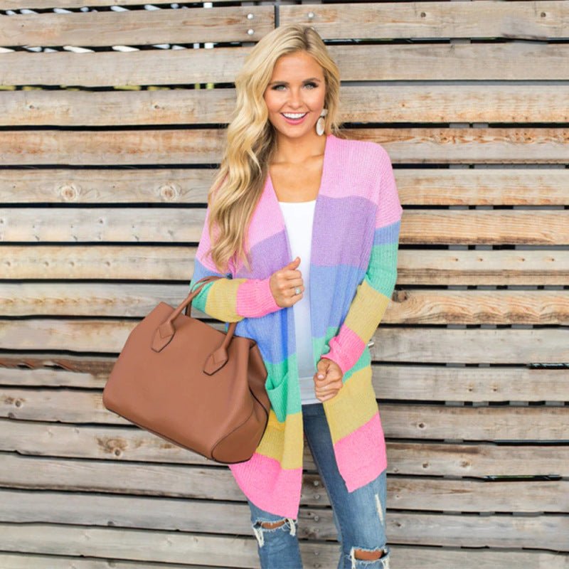 Sweater Loose Color Long Sleeve Contrasting Color Striped Knit Cardigan Jacket