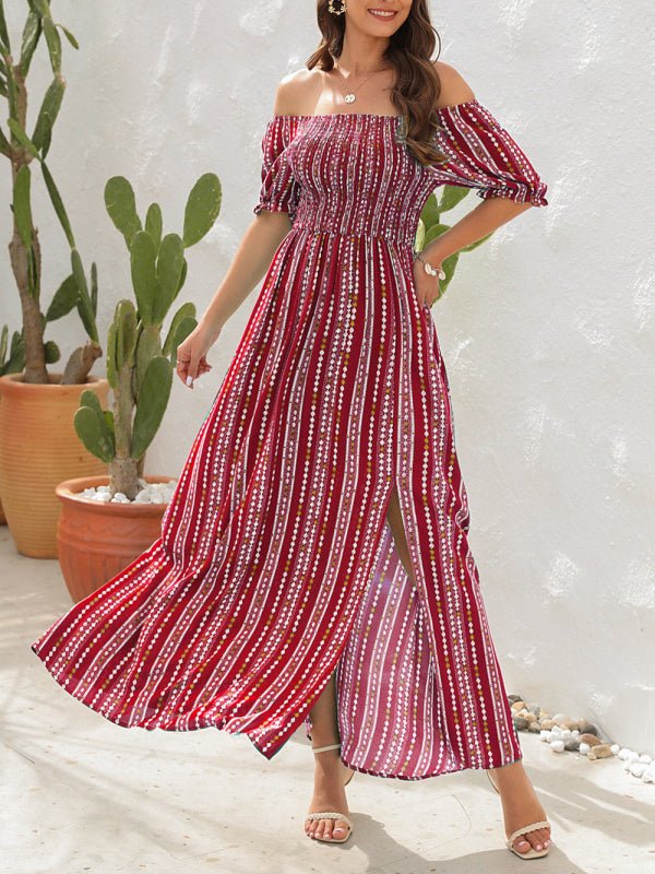 Robe fendue imprimée à rayures verticales Robe de vacances à une épaule
