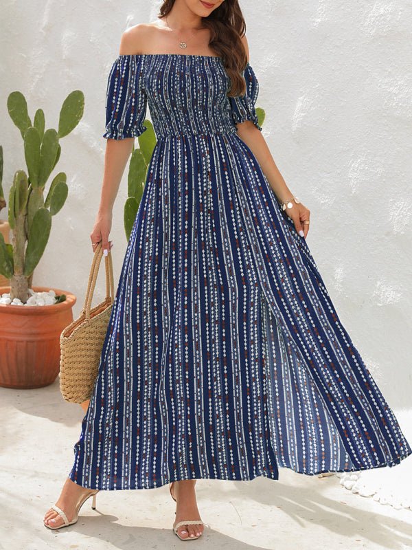 Robe fendue imprimée à rayures verticales Robe de vacances à une épaule