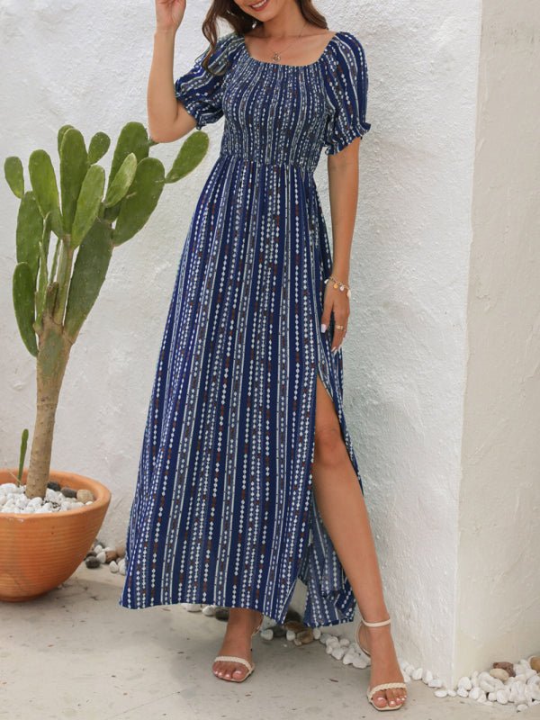 Robe fendue imprimée à rayures verticales Robe de vacances à une épaule