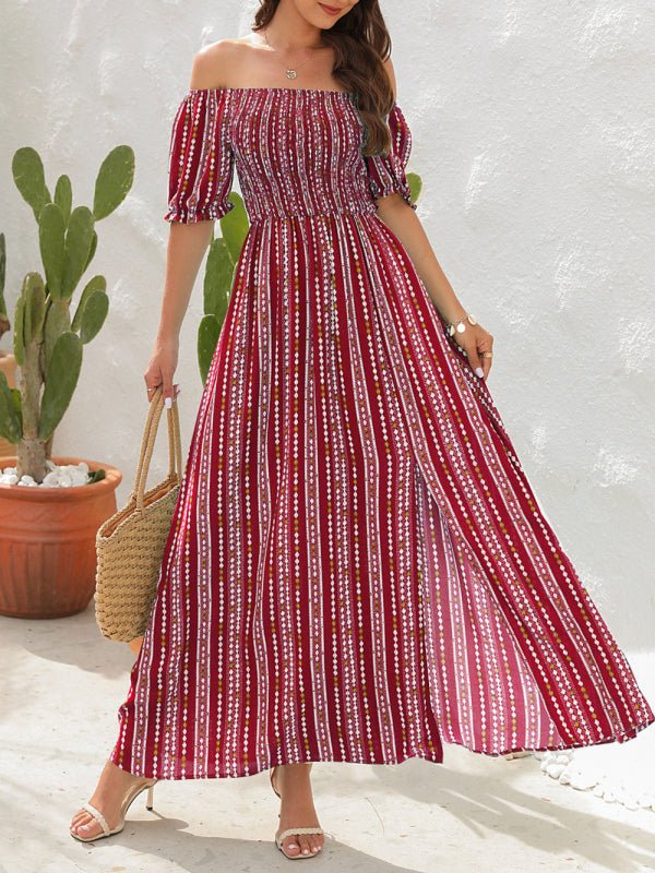 Robe fendue imprimée à rayures verticales Robe de vacances à une épaule