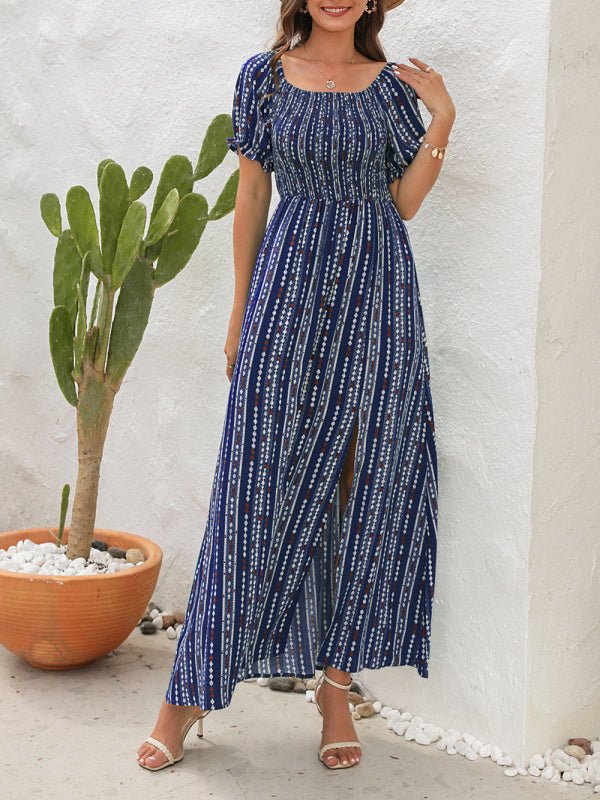 Robe fendue imprimée à rayures verticales Robe de vacances à une épaule