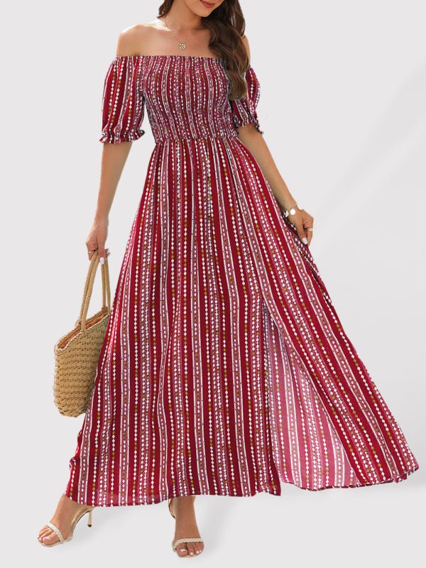 Robe fendue imprimée à rayures verticales Robe de vacances à une épaule