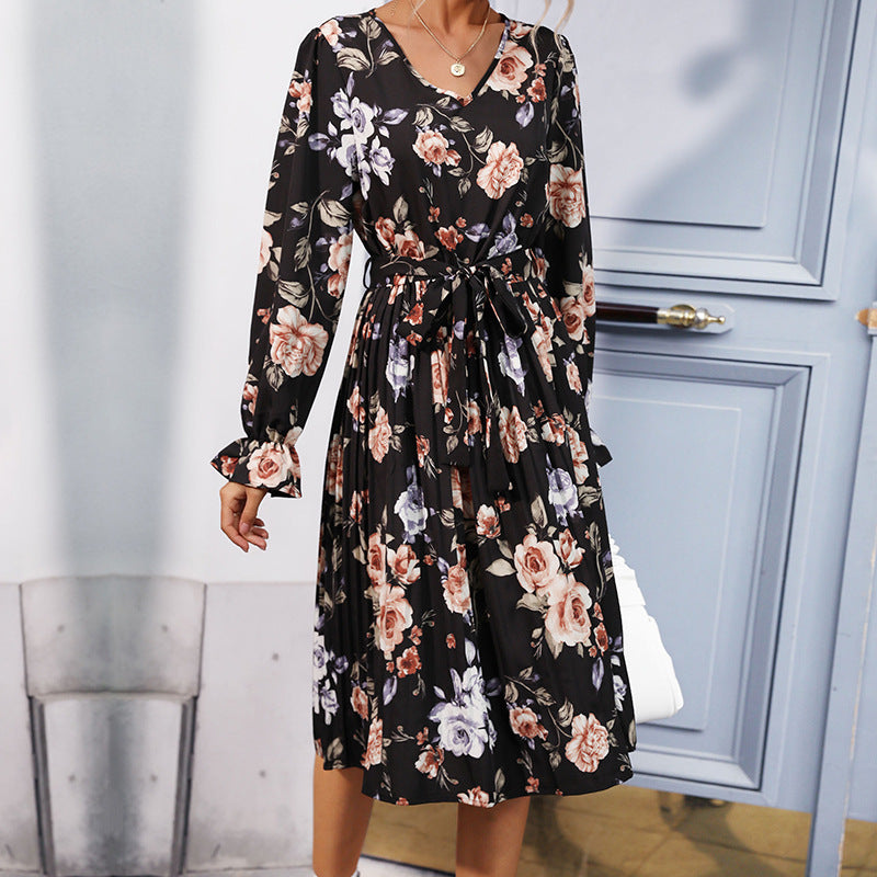 Robe imprimée à manches longues pour femmes, jupe plissée de style long