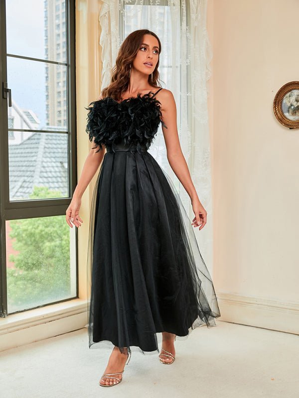 Frühlings-Sommer-Neues Feder-Sling-Mesh-Kleid für Damen