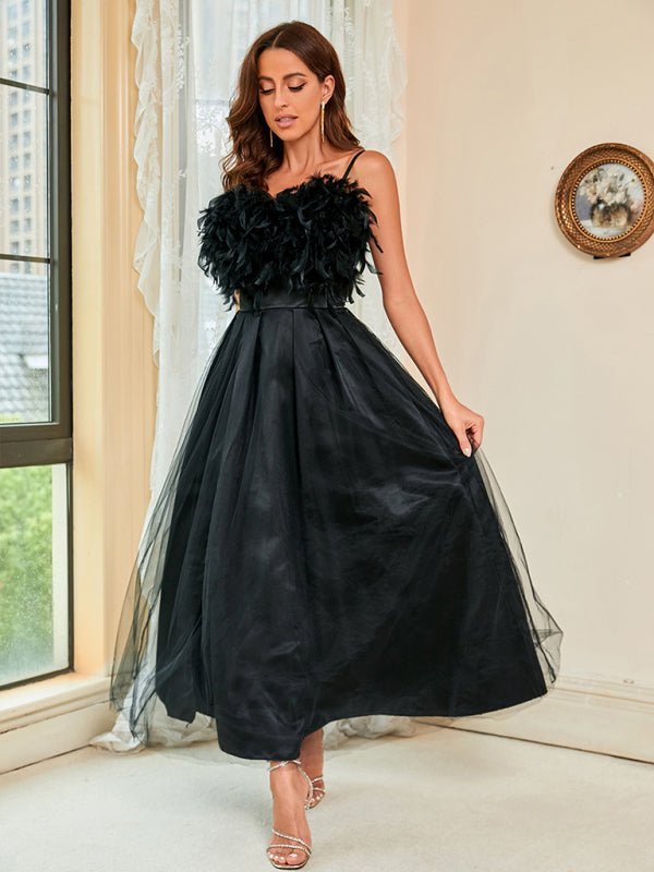 Frühlings-Sommer-Neues Feder-Sling-Mesh-Kleid für Damen
