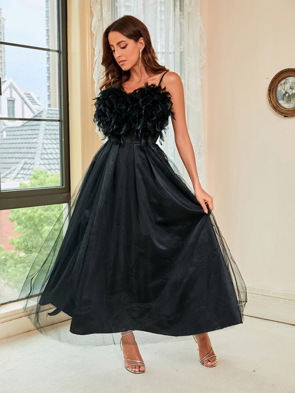 Frühlings-Sommer-Neues Feder-Sling-Mesh-Kleid für Damen