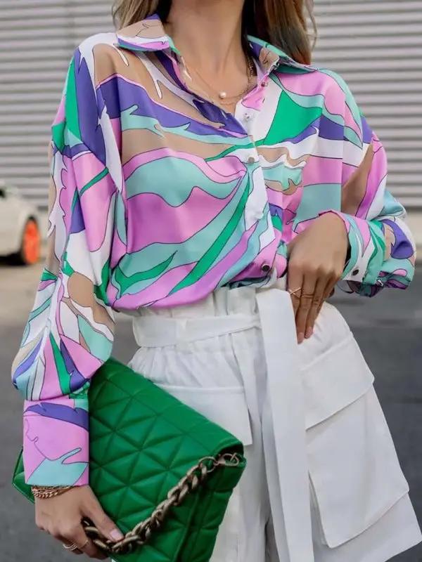 Women’s Abstract Bright Print Off Shoulder Puff Sleeve Button Cuffs Shirt