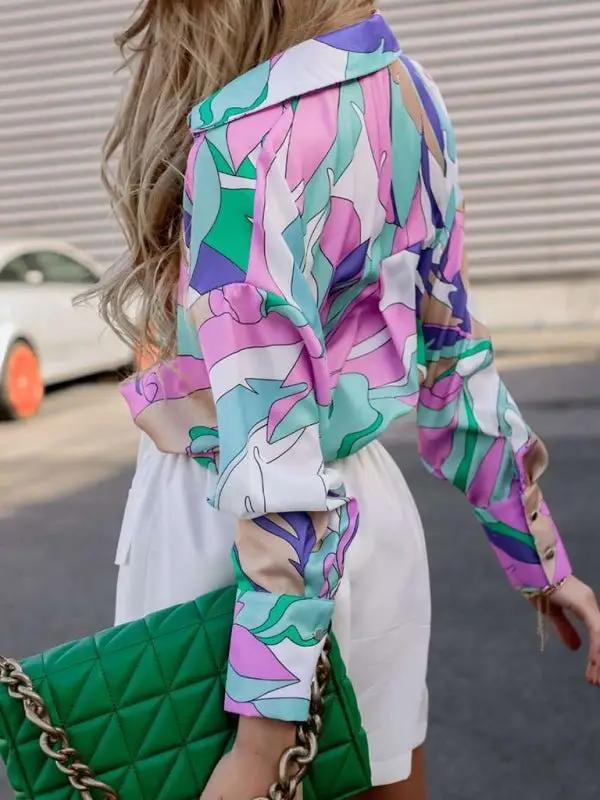 Women’s Abstract Bright Print Off Shoulder Puff Sleeve Button Cuffs Shirt