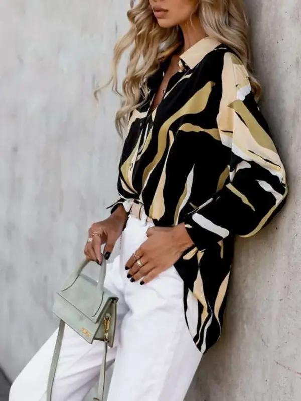 Women’s Abstract Bright Print Off Shoulder Puff Sleeve Button Cuffs Shirt
