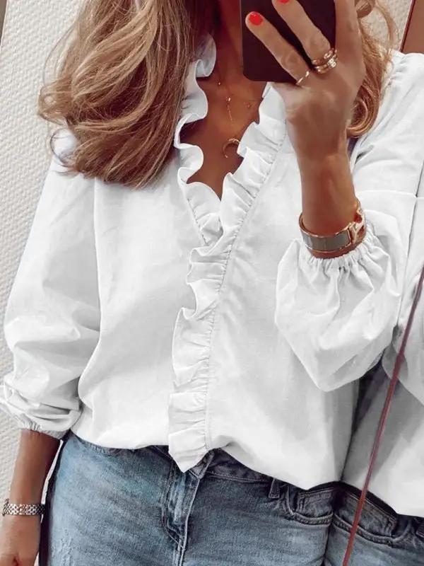 Women’s All Around Ruffled Hem Button Down Blouse With Long Cuffed Sleeves
