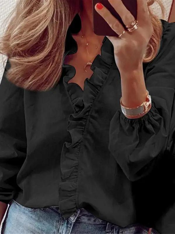 Women’s All Around Ruffled Hem Button Down Blouse With Long Cuffed Sleeves