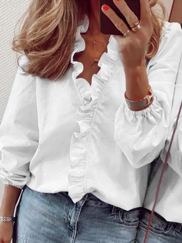 Women’s All Around Ruffled Hem Button Down Blouse With Long Cuffed Sleeves