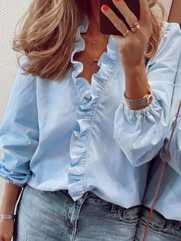 Women’s All Around Ruffled Hem Button Down Blouse With Long Cuffed Sleeves