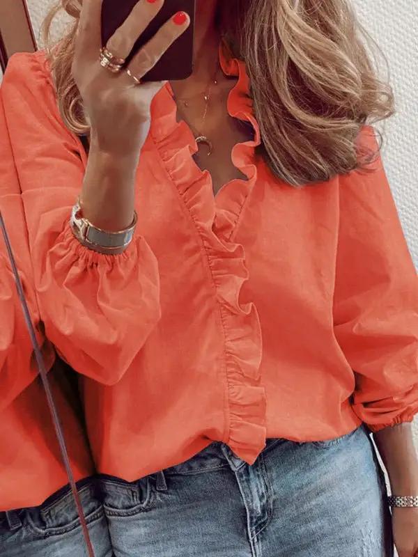 Women’s All Around Ruffled Hem Button Down Blouse With Long Cuffed Sleeves