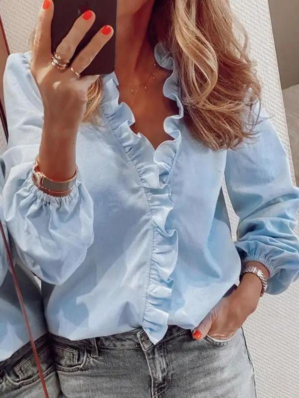 Women’s All Around Ruffled Hem Button Down Blouse With Long Cuffed Sleeves