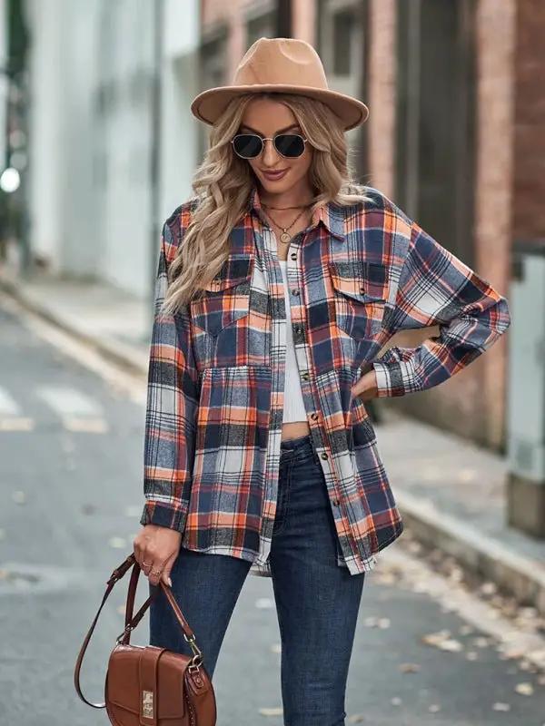 Women’s Babydoll Style Spread Collar Long Sleeves With Button Front Plaid Shirt Jacket