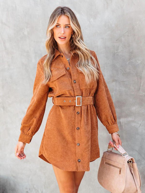 Damen-Hemdkleid aus Baumwollcord mit langen Ärmeln und Gürtel
