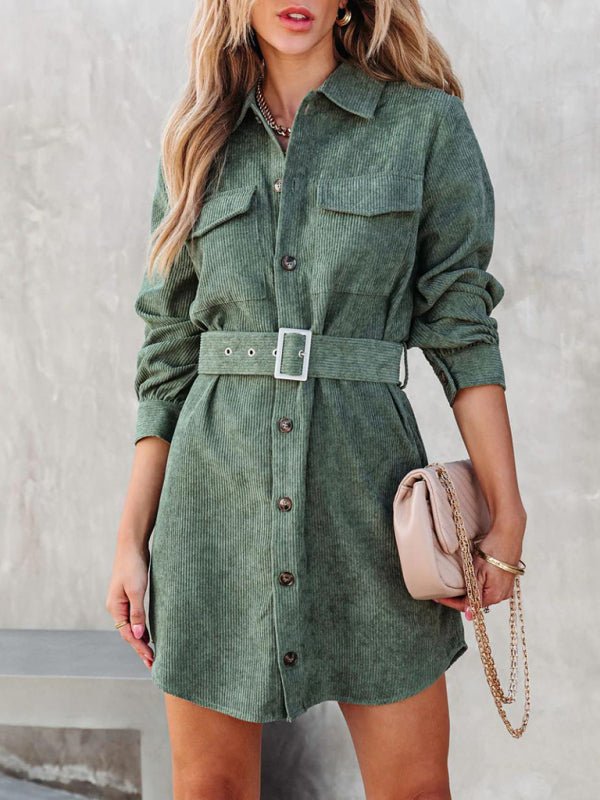 Damen-Hemdkleid aus Baumwollcord mit langen Ärmeln und Gürtel