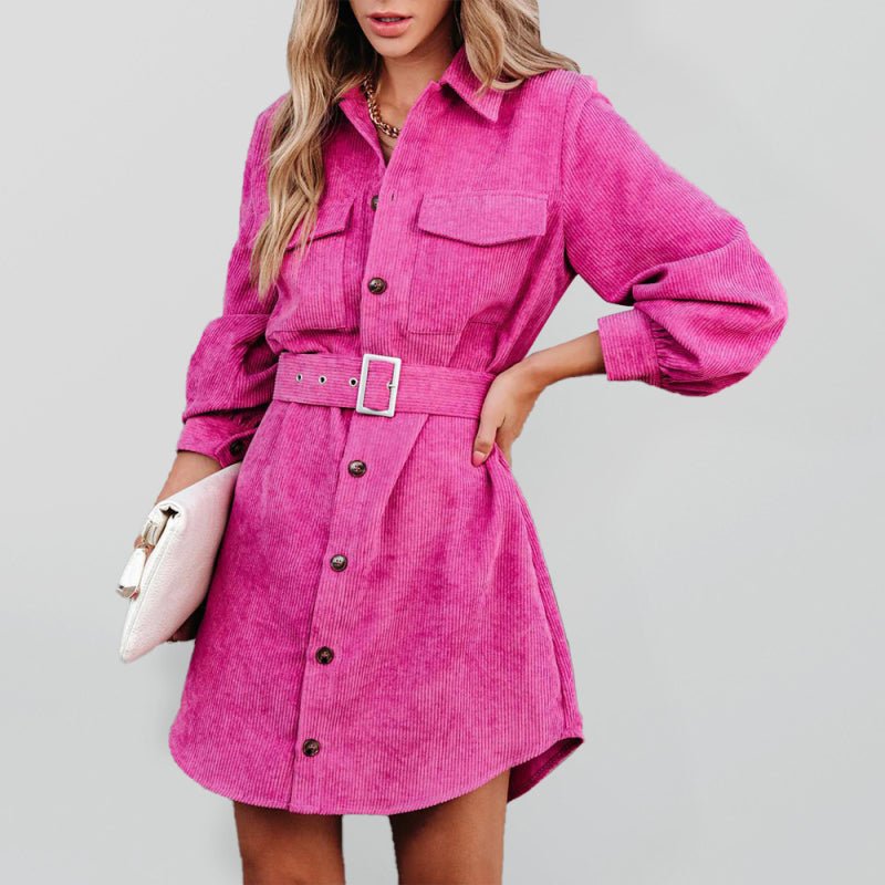 Damen-Hemdkleid aus Baumwollcord mit langen Ärmeln und Gürtel