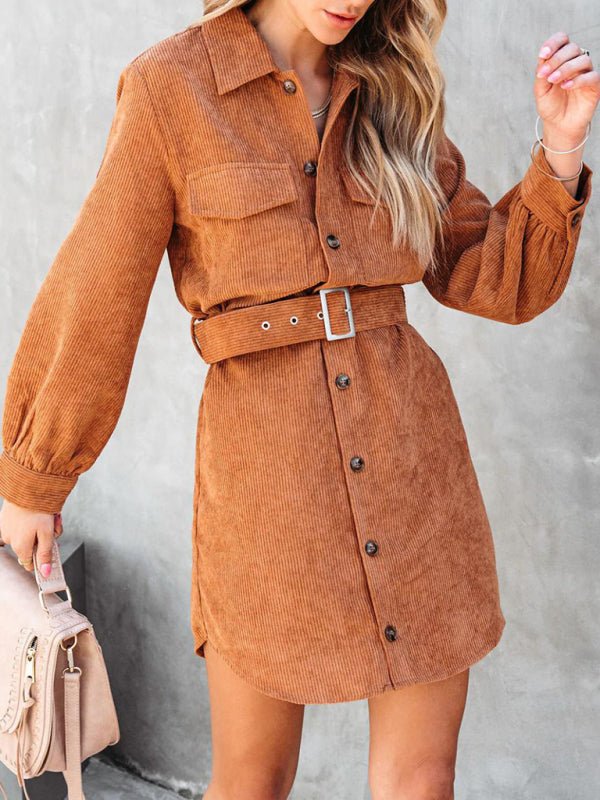 Damen-Hemdkleid aus Baumwollcord mit langen Ärmeln und Gürtel