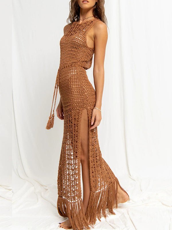 Damen-Bikinioberteil, hohle Spitze, Quaste, Badeanzug, Mantel, Strand, langes Kleid