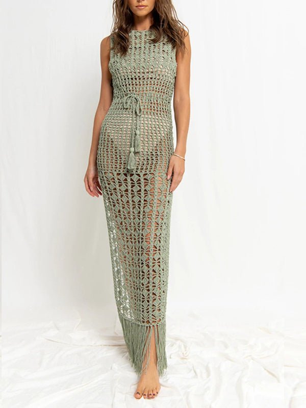 Damen-Bikinioberteil, hohle Spitze, Quaste, Badeanzug, Mantel, Strand, langes Kleid