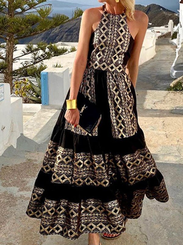 Robe bohème à imprimé ethnique pour femmes, col licou