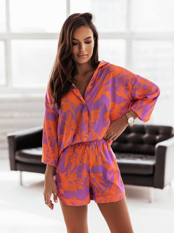 Hell bedrucktes Langarm-Top und Shorts-Set für Damen mit eingekerbtem Kragen