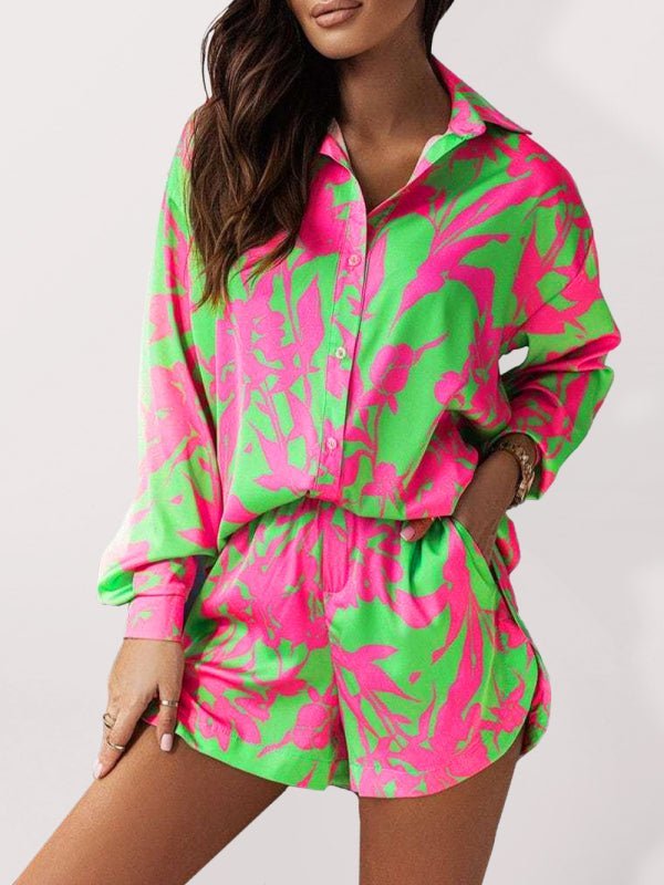 Hell bedrucktes Langarm-Top und Shorts-Set für Damen mit eingekerbtem Kragen