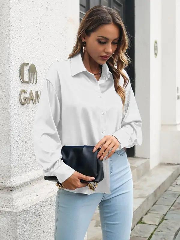 Women’s Chic Satin Button Down Collared Blouse
