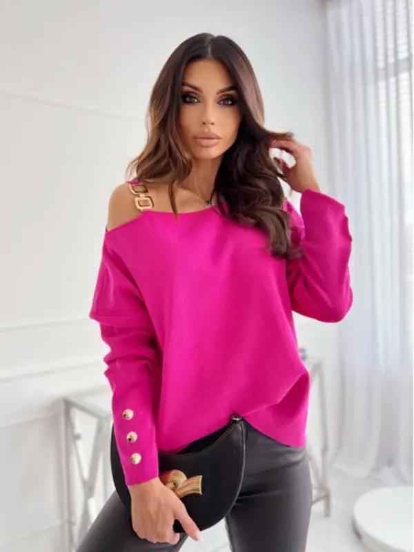 Women’s Chic Solid Color Asymmetric Neckline Embellished Long Sleeves Knit Top