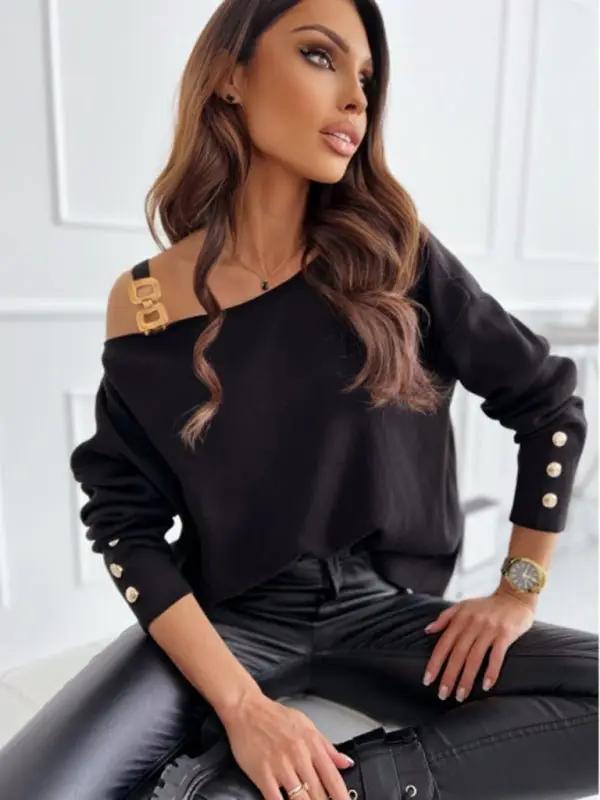 Women’s Chic Solid Color Asymmetric Neckline Embellished Long Sleeves Knit Top