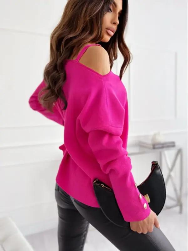 Women’s Chic Solid Color Asymmetric Neckline Embellished Long Sleeves Knit Top