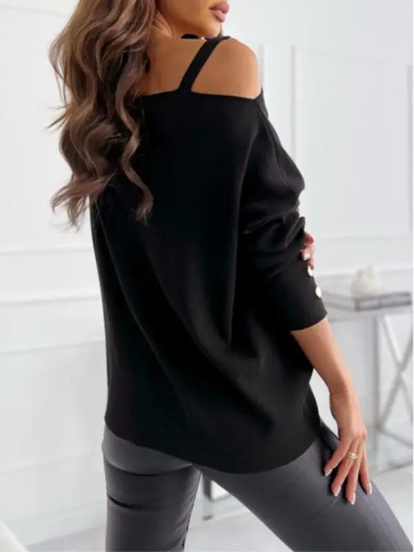 Women’s Chic Solid Color Asymmetric Neckline Embellished Long Sleeves Knit Top