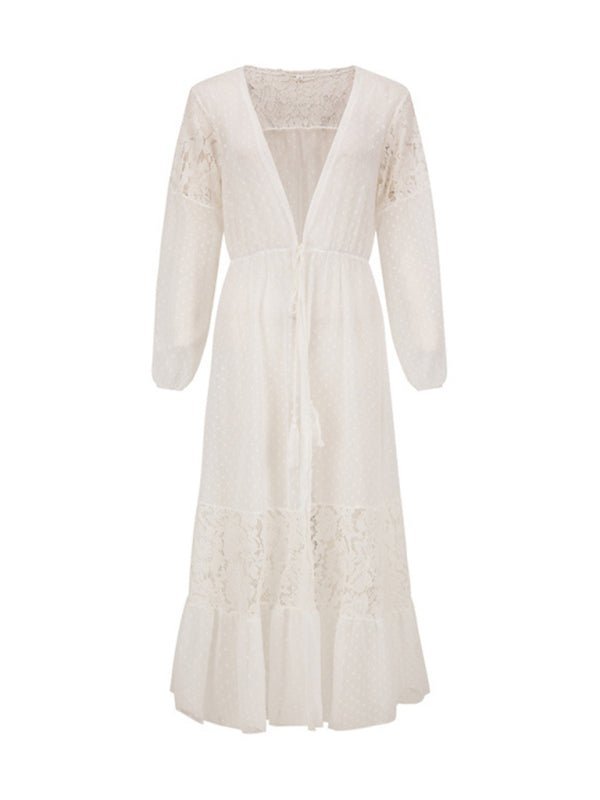 Damen-Hemdbluse mit Chiffon-Nähten, Spitze, langer Mantel, Sonnenschutz