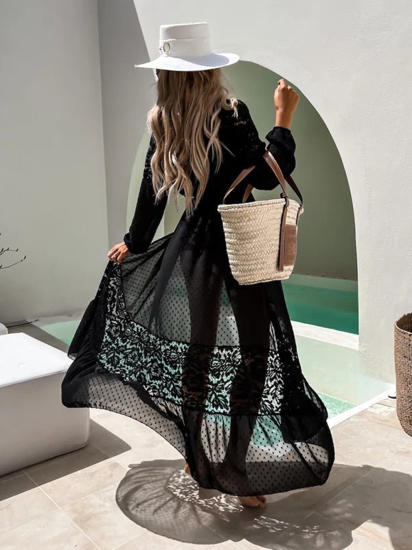 Damen-Hemdbluse mit Chiffon-Nähten, Spitze, langer Mantel, Sonnenschutz
