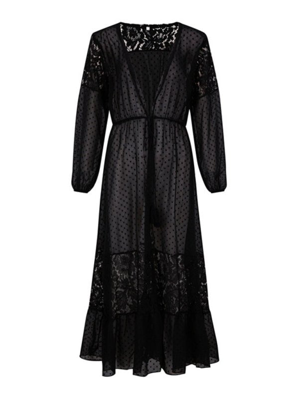 Damen-Hemdbluse mit Chiffon-Nähten, Spitze, langer Mantel, Sonnenschutz