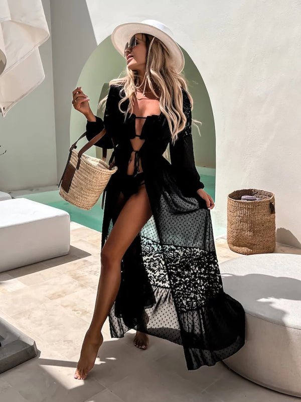 Damen-Hemdbluse mit Chiffon-Nähten, Spitze, langer Mantel, Sonnenschutz