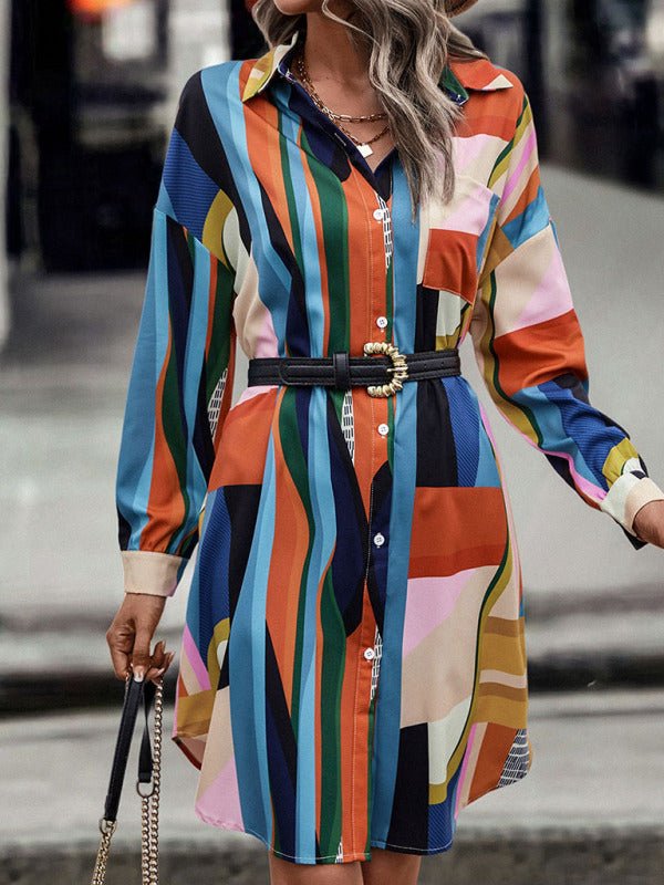 Mittellanges Hemdblusenkleid für Damen mit Colour-Blocking-Revers (ohne Gürtel)