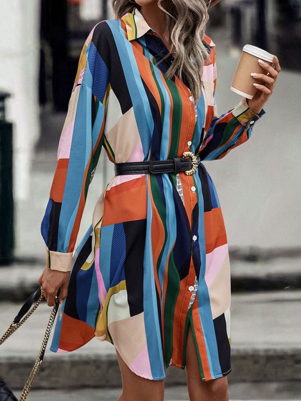 Mittellanges Hemdblusenkleid für Damen mit Colour-Blocking-Revers (ohne Gürtel)