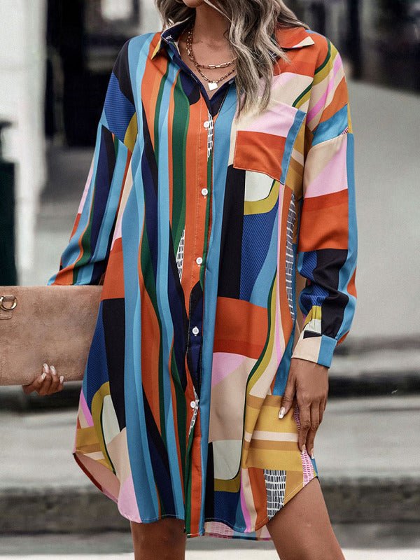 Mittellanges Hemdblusenkleid für Damen mit Colour-Blocking-Revers (ohne Gürtel)