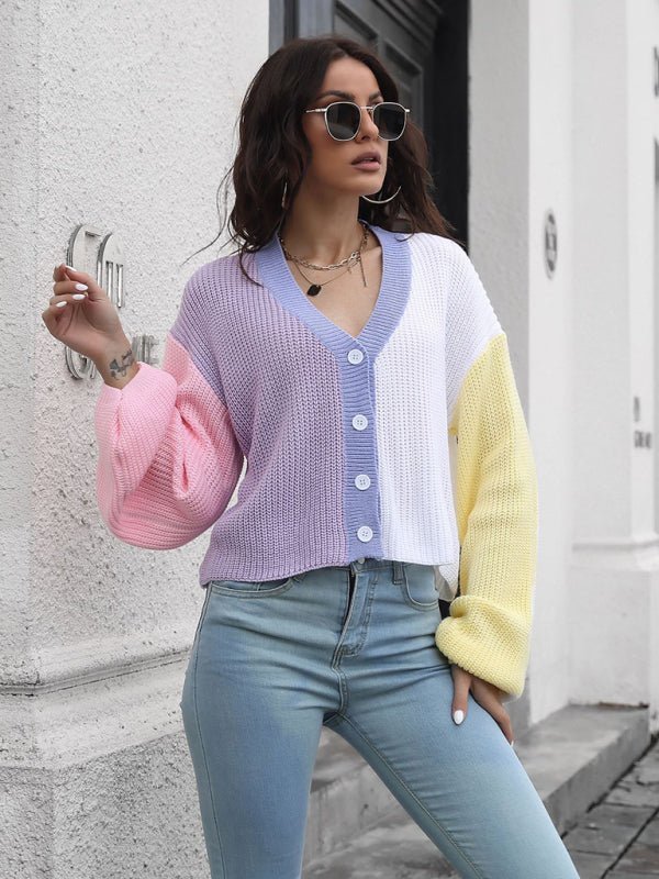 Cardigan en tricot color block pour femme, pull contrasté