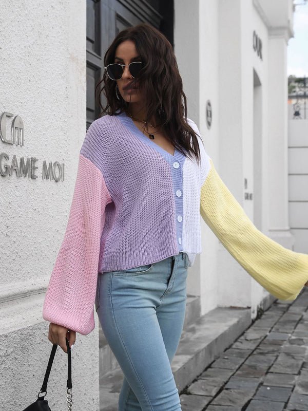 Cardigan en tricot color block pour femme, pull contrasté