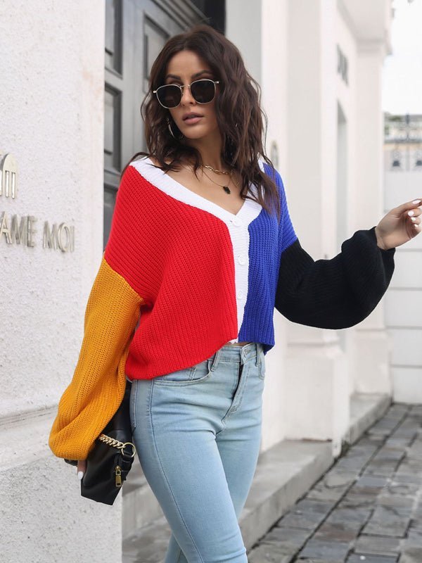 Cardigan en tricot color block pour femme, pull contrasté