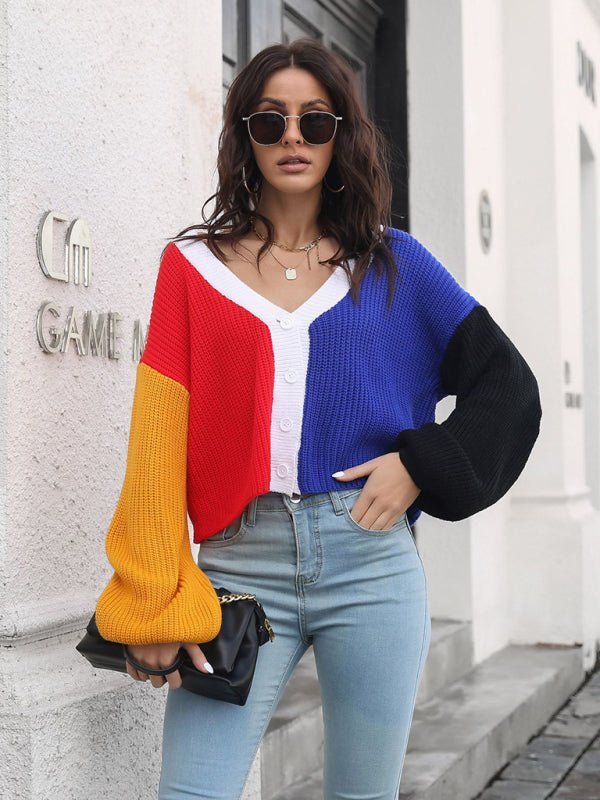 Cardigan en tricot color block pour femme, pull contrasté