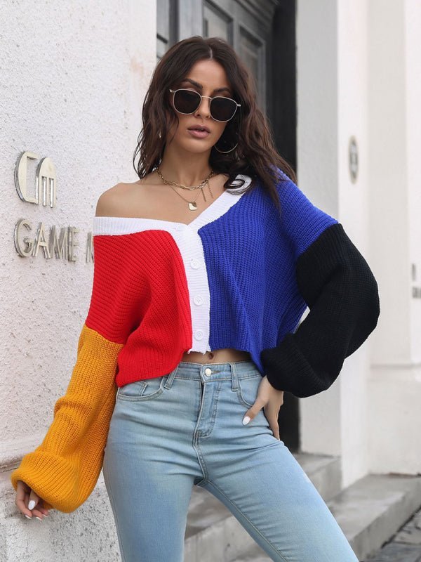 Cardigan en tricot color block pour femme, pull contrasté